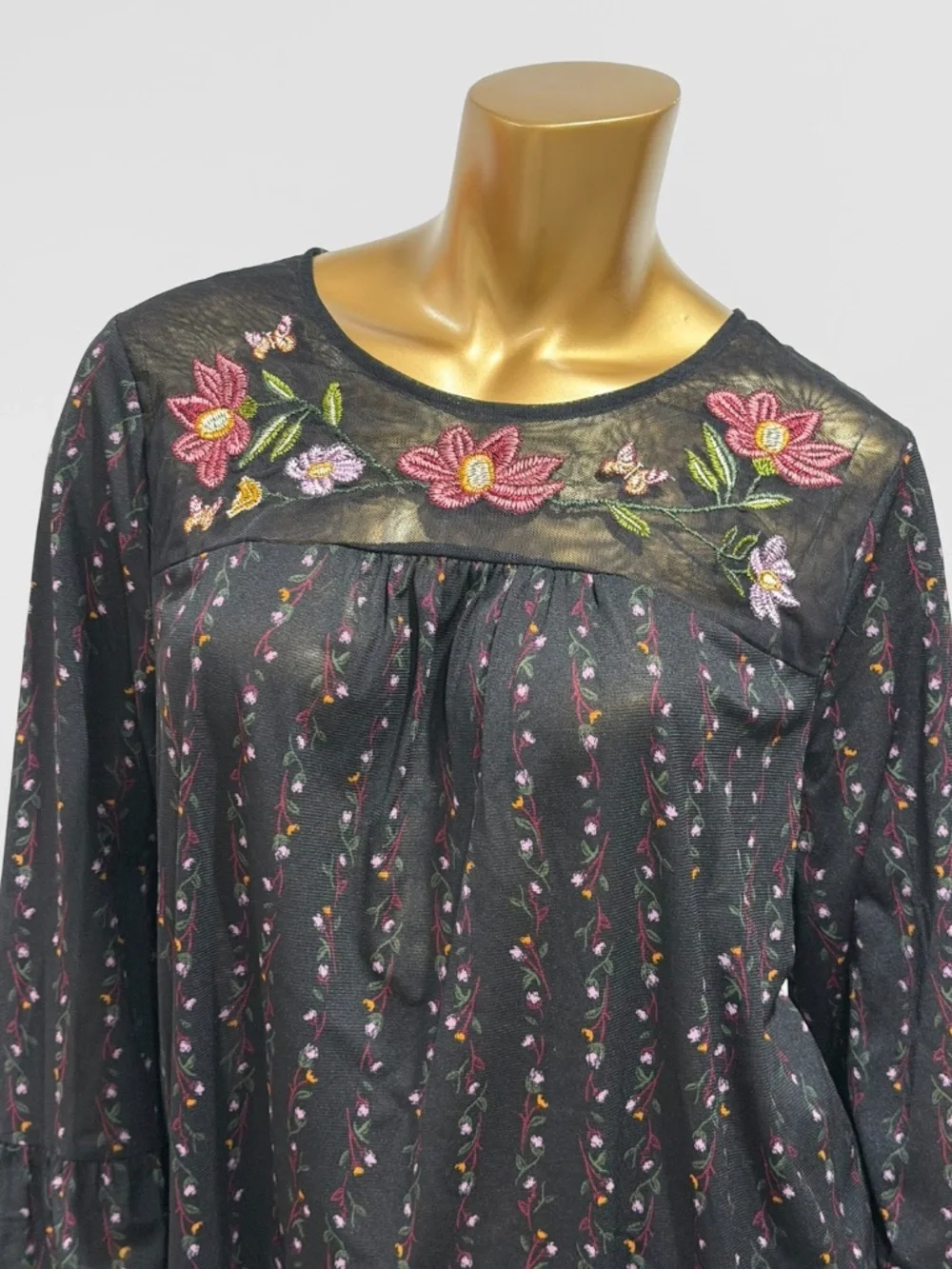 Style & Co. Black Multi-Floral Embroidered Lined Mesh Long-Sleeve Top Size 1X - Picture 3 of 8